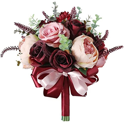 Sirxlevcy Burgundy Bouquet - Champagne Blush Blooming Peony with Eucalyptus Real perfect Bridal Wedding Flowers