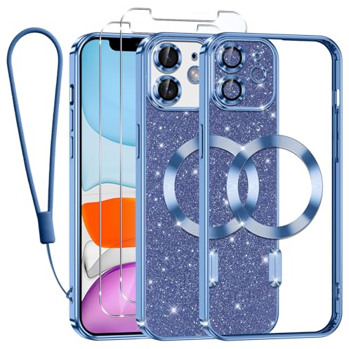 Tikfrlo Handykette für iPhone 11 Hülle mit MagSafe, Glitzer Magnetisch Handyhülle Stoßfeste Silikon TPU Schutzhülle Case für iPhone 11 mit 2 Stück Schutzfolie, Blau