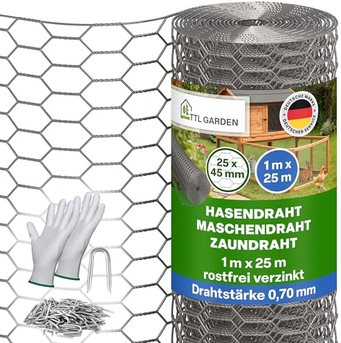 TTL GARDEN GUARD-LINE Hasendraht 1m x 25m zink - 25x45mm Maschenweite 0,7mm | - Rolle feinmaschig silber rostfrei verzinkt 0,70mm Draht Drahtgitter Kaninchendraht Zaun Gitter Maschendrahtzaun 25m x 1m