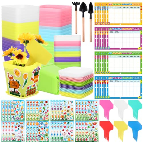 CCCYMM 24 Set Garden Flower Pot Craft Kit Plastic Seedling Nursery Pots and 3 Small Garden Tools Plants Labels Growth Charts Flowers Stickers for Kids Gardening DIY Spring Growing Crafts