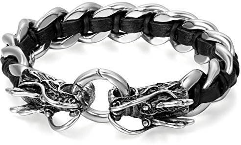JewelryWe Schmuck Herren Armband, Gotik Drachen Geflochten Panzerkette Armreif, Echtleder Leder Edelstahl, Schwarz Silber