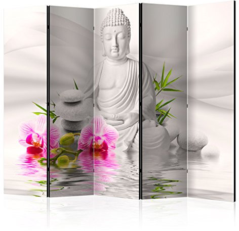 murando Raumteiler Buddha Foto Paravent 225x172 cm beidseitig auf Vlies-Leinwand Bedruckt Trennwand Spanische Wand Sichtschutz Raumtrenner grau Rose b-A-0011-z-c
