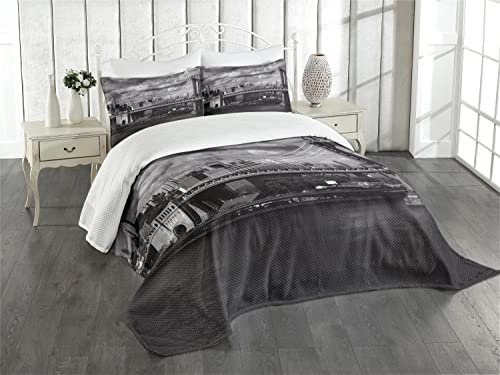 ABAKUHAUS New York Tagesdecke Set, NYC in Schwarz und Weiß, Set mit Kissenbezügen farbfester Digitaldruck, für Doppelbetten 220 x 220 cm, Grau