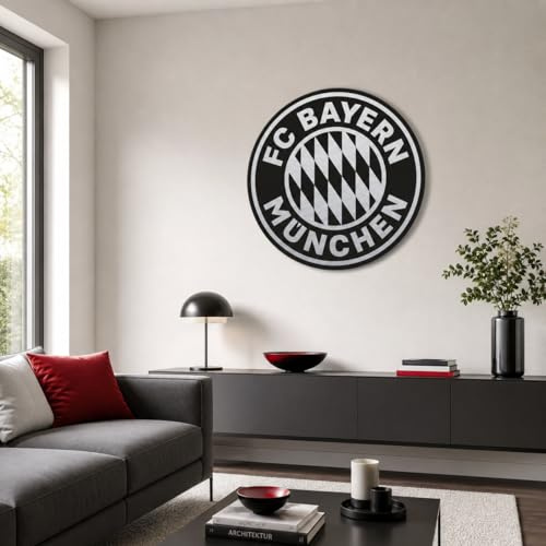 K&L Wall Art FC Bayern München Logo XXL Alu-Dibond Wandbild Fußball Metallbild Vereinswappen schwarz silber Metallposter Ø 70cm