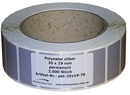 Typenschilder/Polyester Etiketten - 35 x 19 mm - 2.000 Stück - silber - Hülse 76 mm