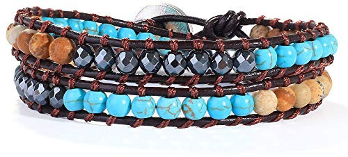 KELITCH Achat Tiger Eye Perlen Armband Armreif Leder Retro 2 Wraps Charme Armbänder - Blau 03