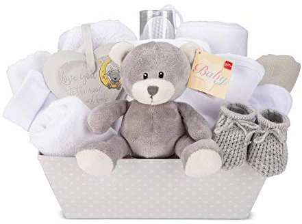 Baby Box Shop – 14 Babygeschenke, ideal für Babypartygeschenke, Unisex-Babygeschenke, mit neuen Babyartikeln für Neugeborene und einem grauen Plüsch-Teddybären