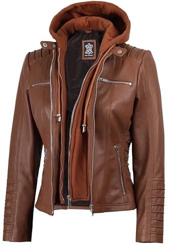 Kapuzenlederjacke für Damen – echtes Lammfell Damen Lederjacke mit abnehmbarer Kapuze, Braun – Helen Jacke, Small