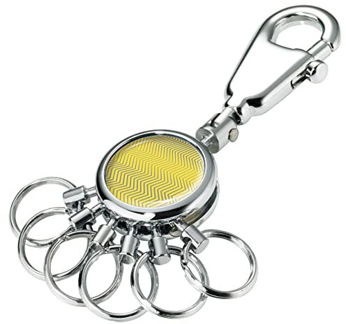 TROIKA Trend Waves Schlüsselanhänger mit Karabiner und 6 wechselbaren Ringen aus Metall in der Farbe Silber-Gelb, Maße: 9cm x 2,5cm x 0,9cm, KYR01-A186, 6 Ringe
