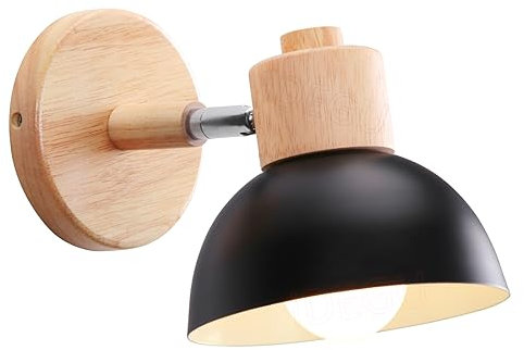 iDEGU Wandleuchte Moderne Innen Wandlampe aus Holz Metall Halbkreis Lampenschirm E27 Verstellbare Wandspot Vintage Lampe für Schlafzimmer Wohnzimmer (1 Stück, Schwarz)