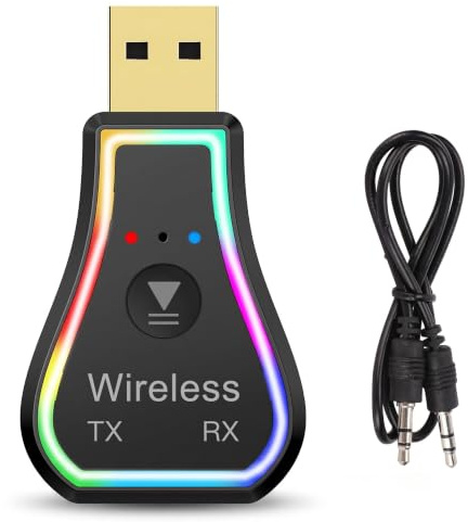 Bewinner USB Bluetooth 5.0 Sender Empfänger, 2 in 1 Wireless Audio Adapter, RGB LED Bluetooth AUX Adapter für TV PC Kopfhörer Lautsprecher Auto Stereoanlage