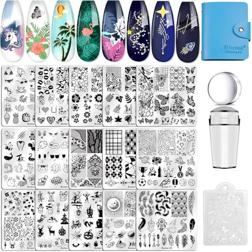 Biutee Nail Stamping Plates set, 15 pcs Nail Art Stamper, Nail Stamp Template Kit, Scraper Storage Bag Gift Box, Lace Flower Butterfly Star Holiday Sports Design Nail Image Plate