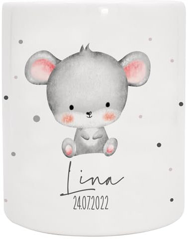 VERSCHENKICH Spardose für Kinder personalisiert - Geschenk für Kinder - Geburtstag, Weihnachten, Geburt - Spardose für Kinder mit Tiermotiv & eigenem Namen für Jungen & Mädchen (Spardose Maus)