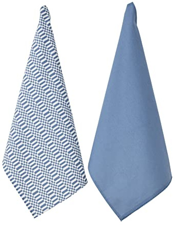 Penguin Home Set of 2 Recycled cotton Tea Towels, Eco Friendly Sustainable Plain Woven & Printed Kitchen Towels, Stylish Thokka Print Size - 50x70 cm Colour - White & Blue Dish Towels