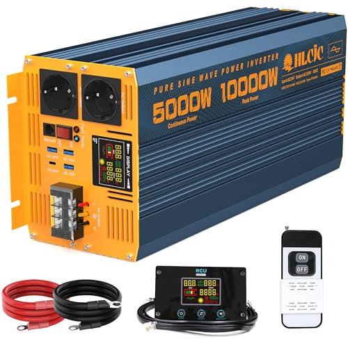 5000W/10000W Reiner Sinus-Spannungswandler 24V auf 230V Wechselrichter mit PD60W/QC18W/24W Schnellladung USB-Anschlüsse 2 EU Steckdose Klemmenblock 2 Fernbedienungen LCD-Anzeige für Wohnmobil LKW KFZ
