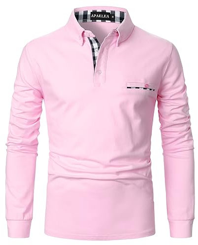 APAELEA Polo de Golf à Manches Longues Homme Coton Contrasté Plaid épissure Lattice Tennis Shirt,Rose,XXL