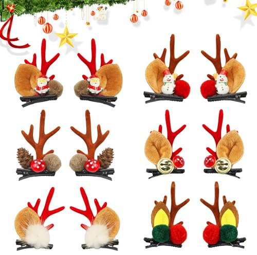 JINXIAN 12 Stück Weihnachten Hirschgeweih Haarspangen Weihnachten Mädchen Haarschmuck Set Haarspangen Damen Partei Kopfbedeckungen Rentiergeweih für Weihnachten Party