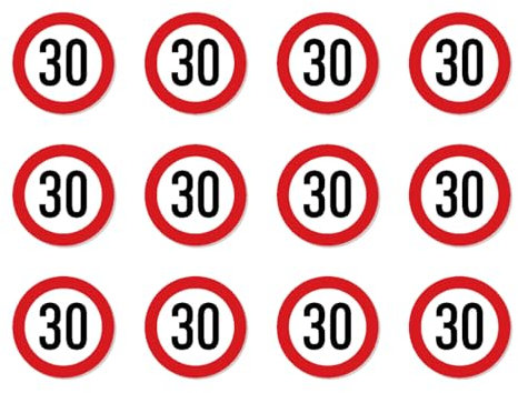 Aufkleber: ⌀ 25 mm, 12 Stück - StVO Verkehrszeichen Z-274 rot/weiß - maximale Geschwindigkeit/Höchstgeschwindigkeit - 30 km/h