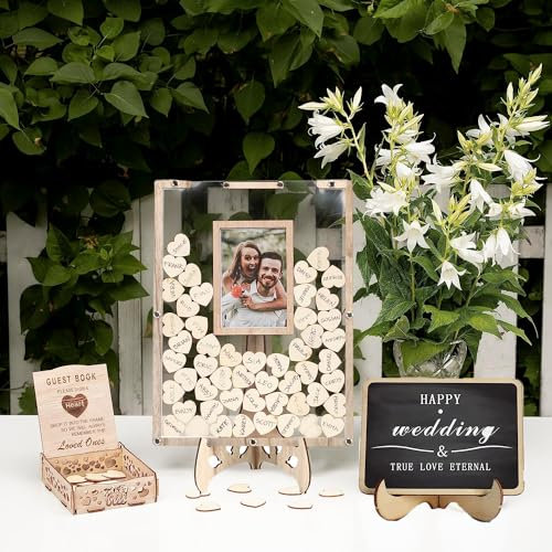 WOOLUCK® Livre d'or Mariage avec Mini Ardoise, Livre d'or Mariage champêtre avec 80pcs Mini Coeur Bois,Livre dor Mariage Personnalisable