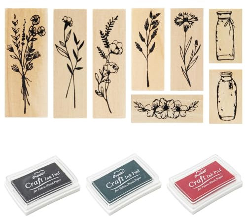 Rebanky 8 Stück Holzstempel Set Vintage Stempel Blumen und Blätter Holz Bastel Stempel Pflanzen Blatt Holzstempel Gummi für DIY Handwerk Basteln Scrapbooking