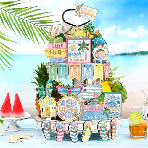 Menkxi 24 Pcs Summer Hawaii Tiered Tray Decor Pool Summer Rustic Beachy Decor Rustic Wooden Sunshine Summer Decorations for Home Farmhouse Table Holiday Decorative Trays