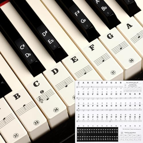 Amabro Waterproof Piano Stickers for 37/49/54/61/88 Key, Transparent Removable Piano Keyboard Letters, Reusable Piano Keyboard Note Labels Piano Stickers for Beginners(Black)