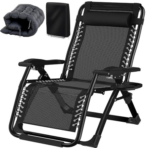 Fiutazge 83cm Ultra largo Sdraio da Giardino, Confortevole Grande Sdraio Pieghevole con Cuscini, Poggiatesta, Portabicchieri, Sedia a Sdraio con Schienale Regolabile Per Casa e Giardino, Nero
