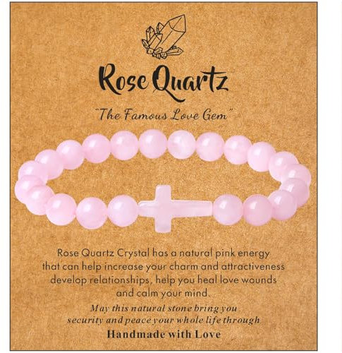 XianNVXI Rose Quartz Cross Charm Bracelet for Women - Pink Beaded Rosary Bracelet - Christian Gifts for Women and Baptism Gifts