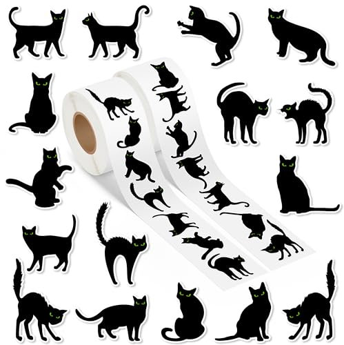 A1DIEE Halloween Katze Aufkleber Rolle - 1000 Stück Selbstklebende Roller Sticker Belohnungsaufkleber DIY Vinyl Siegelaufkleber für Scrapbooking Laptop Party Tasche