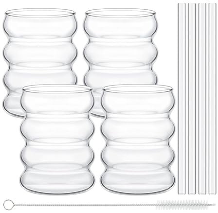 mixed24 4er Set Trinkgläser 350ml Wellenform inkl. 4x Glashalm, 1x Reinigungsbürstchen, geeignet als Wasserglas, Cocktailglas, Latte Macchiato, Cappucino, Longdrink, etc.