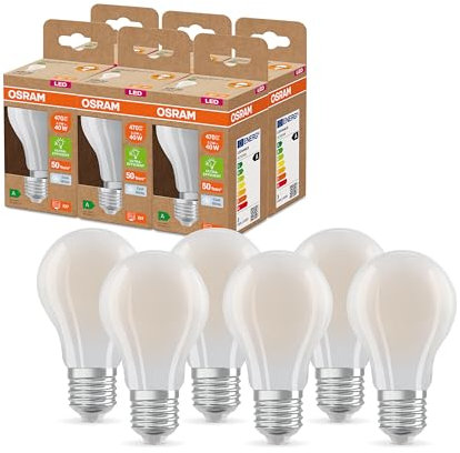 Osram LED SUPERSTAR+ CLASSIC A GL FR 40 LED-Lampe mit Sockel E27, weiß, 2,2W, 470lm, 4000K, kaltweißes Licht, bis zu 60% Energieeinsparung vs. Standard LED-Lampen, 6-Pack
