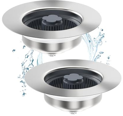 3 in 1 Kitchen Sink Drain Strainer & Stopper Combo, SUS304 Stainless Steel Pop-up Kitchen Drain Stopper with Strainer Basket, Fast Drainage Kitchen Sink Plug for Standard 3-1/2 Inch Drain, 2 Pack