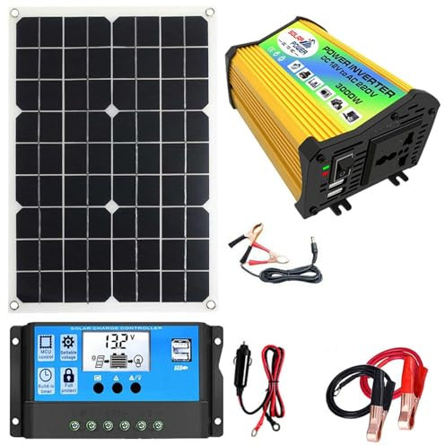 Kit de panneau solaire avec onduleur – Kit panneau solaire et contrôleur | Combinaison d'onduleur solaire, chargeur 30 A, onduleur 3000 W, charge et décharge intelligente, panneau solaire 18 W.