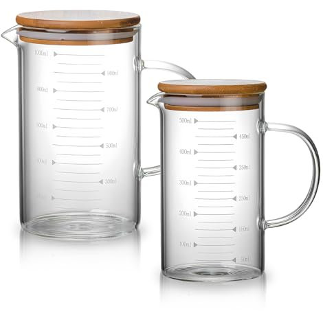 2 Pcs Messbecher Glas, Messbecher Mit Deckel, 500ml+1000ml Hitzebeständiges Borosilikatglas, Temperaturbeständig Messkanne Mit Deckel, Ideal Für Küche Oder Restaurant Für Mikrowelle Mit Skala