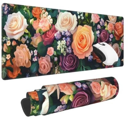 Gaming Mauspad XXL Blume Großes Mousepad 600 * 300mm rutschfeste Schreibtischunterlage Rose Mouse Pad mit Vernähte Kanten Verbessert Desk Mat Mauspad Groß Geschwindigkeit und Präzision für Gaming