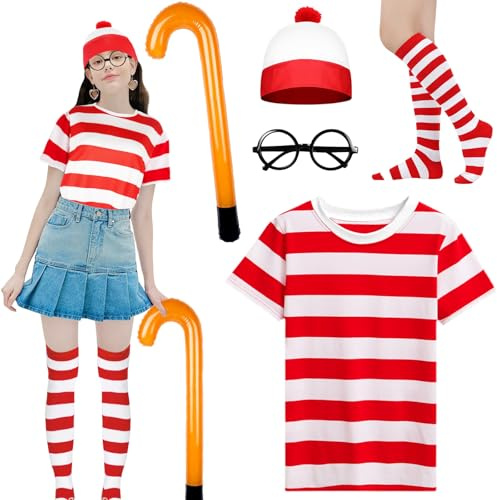 5-teiliges Damen-Kostüm-Set, 90er-Jahre-Kostüm, Zubehör-Set mit rotem und weißem T-Shirt, Bommelmütze, Socken, rahmenlose Brille, aufblasbare Krücken, Cosplay-Outfit für den Welttag des Buches,