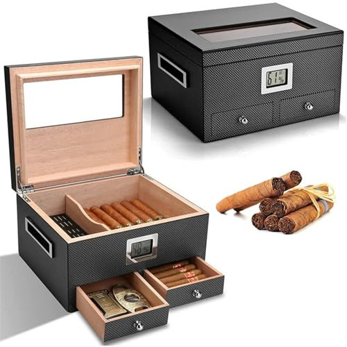 Zigarren-Humidor, transparente Vitrine mit digitalem Hygrometer und Luftbefeuchter (für bis zu 45 Zigarren), als Geschenk für Männer