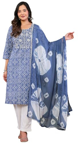 Vrnda Women's Bandhej Cotton Kurta Set with Pant Dupatta Boho Tunic | Indian cotton kurta set with embroidered yoke, matching pant and dupatta for festive, casual, office and everyday ethnic wear