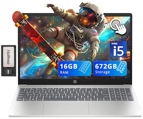 HP Laptop con pantalla táctil HD de 15.6 pulgadas, Intel i5-1235U, 16 GB de RAM, 672 GB de almacenamiento (SSD de 512 GB + juego de estación de acoplamiento de 160 GB), gráficos Intel Iris Xe, teclado