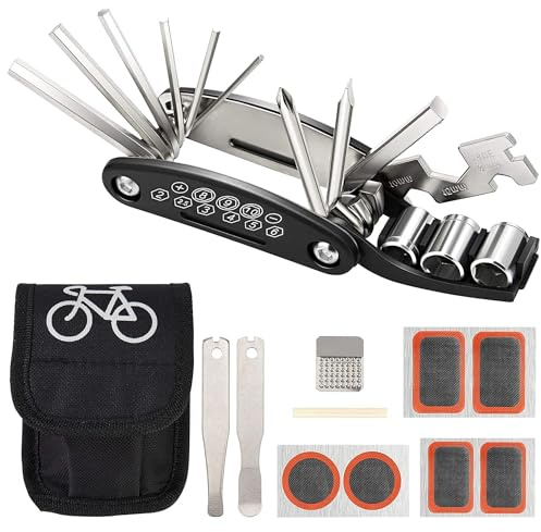 Kit Outil Vélo 16 en 1 Multi Outil de Réparation de Vélos de Mécanicie Portable Trousse d'Outils de Vélo Avec Kit de Patch Leviers de Pneu Accessoires