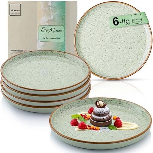 Sänger Rio Minze | Dessertteller 6 teilig, Steingut Frühstücksteller 6 Personen, Kuchenteller spülmaschinenfest mikrowellenfest multifunktional, Steingut Geschirr mintgrün | VALUE COLLECTON