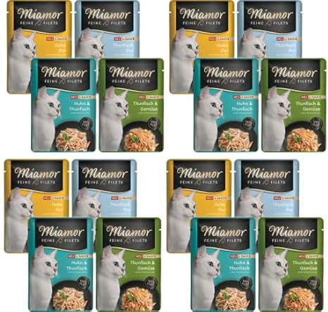 Miamor Feine Filets in Sauce 16 x 100g Mixpaket | Getreidefrei, Fettarm, Ohne Zucker & Nebenerzeugnisse, Hochwertige Filetstückchen | im Frischebeutel | Nassfutter für Katzen