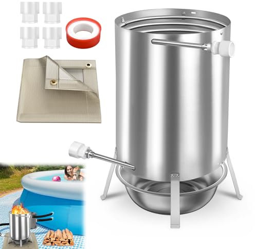 Froadp Poolheizung mit Feuer, Holzbeheizte Feuertonne aus Edelstahl mit Heizspirale Ø 32/38 mm Anschluss, Poolheizung Holz, Poolofen Heizung für Schwimmbäder, Beheizbarer Feuereimer, 2 Stück