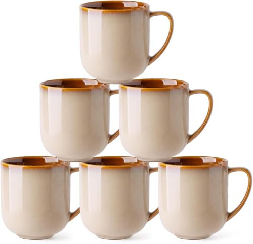 LeRatio Stoneware Coffee Mugs Set of 6, 350 ml Coffee Cups with Large Handle for Latte, Cappuccino, Milk,Cocoa, Dishwasher Safe Mug Sets,Cappuccino