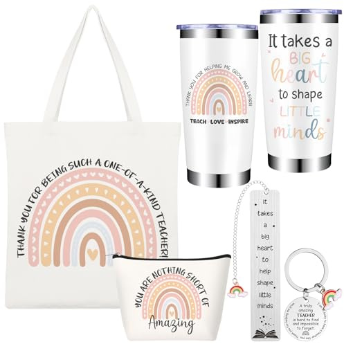 ULELE 5 Pcs Thank You Teacher Gifts for Women, Teacher Appreciation Gift with 20oz Tumbler Mug Canvas Tote Bag Makeup Bag Keychain Bookmark Leaving Inspirational Gift from Students End of The Year