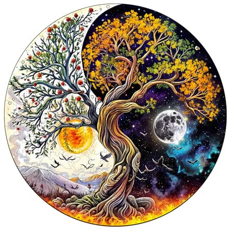 KaayeeWood Puzzle in Legno per Adulti,200 Pezzi Sole e Luna Albero Della Vita Puzzle di Legno con Scatola,Puzzle Irregolare Unico,Regalo di Compleanno per Adulti e Bambini