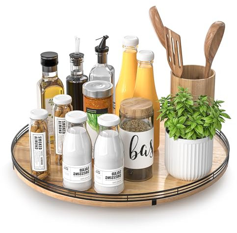 16 Lazy Susan Oak Wood Turntable Organizer for Cabinet, Farmhouse Round Wooden Large Lazy Susan Organization and Storage for Dining Table, Pantry, Kitchen, Bathroom, Countertop, Cupboard, Home Decor