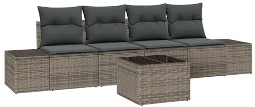 vidaXL 5-teiliges Garten-Sofa-Set mit grauen Kissen aus Poly-Rattan, modulares Gartenmöbel, Terrassenbank, Lounge-Couch, modernes Loungeset