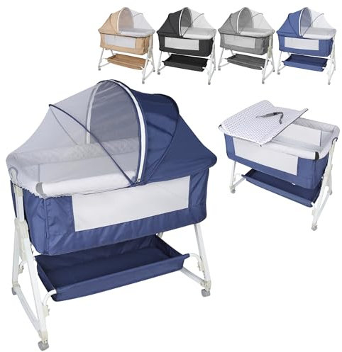 XUANYU Lit Bébé de Cododo avec Table à Langer pour Les Bébés à 36 Mois, Berceau Cododo avec Fonction Bascule Jusqu'à 50 kg, Lit d'Appoint avec Matelas et Moustiquaire, Réglable en Hauteur, Bleu