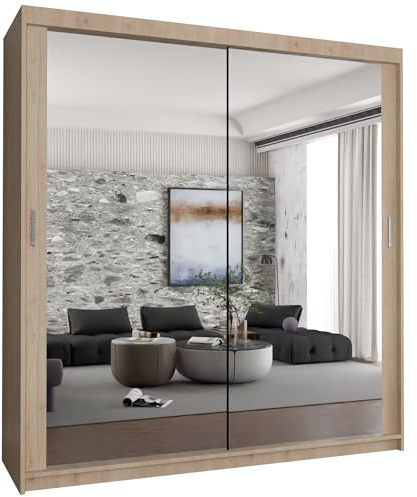 MN Furniture Modern Double Mirror Space Saving Bedroom Sliding Door Wardrobe 90cm/100cm/120cm/150cm/180cm/203cm (Oak, 120cm)